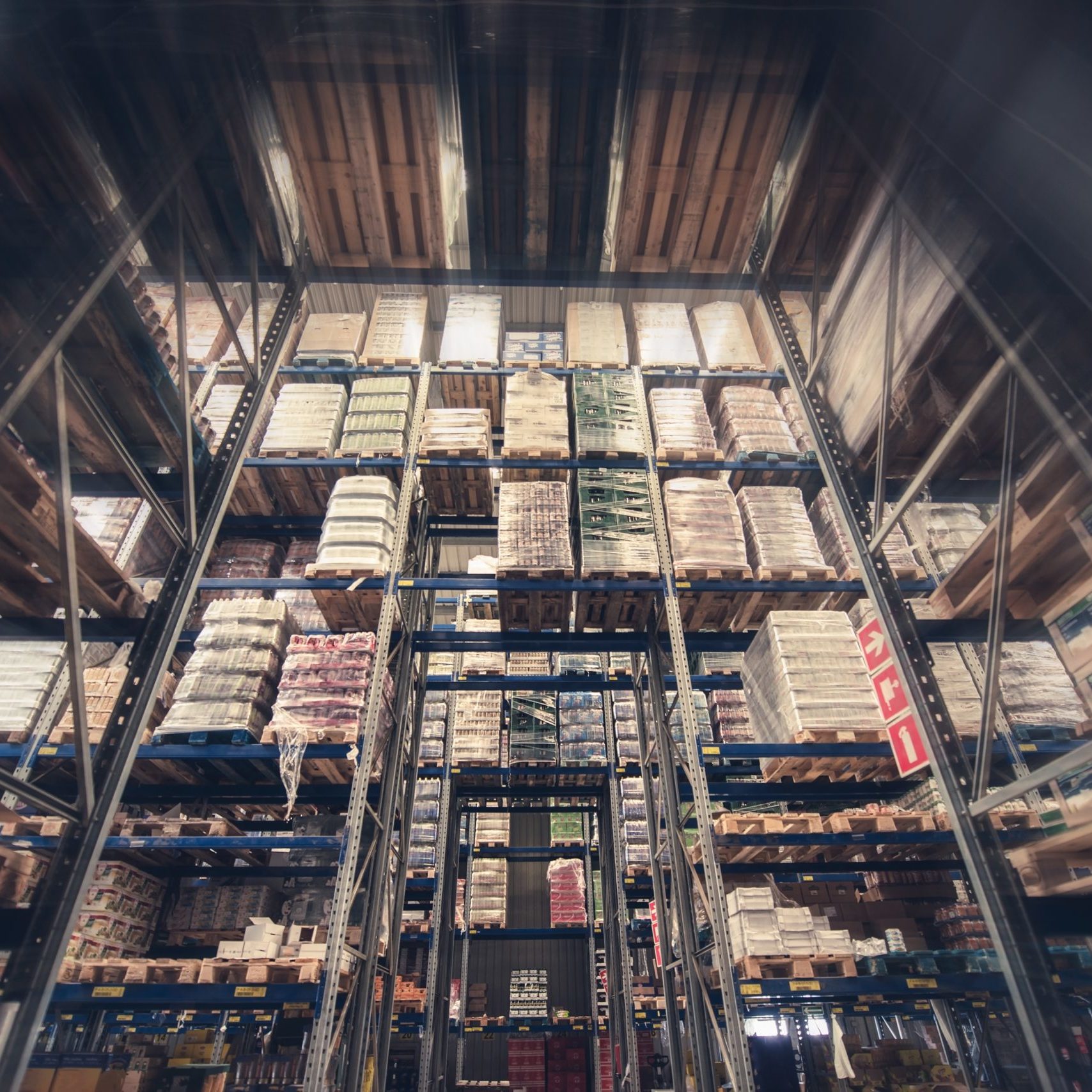 Warehouse Products Storage. Huge Food Storage Facility. Tall Warehouse Racks.